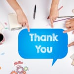 people pointing at a "Thank You" speech bubble