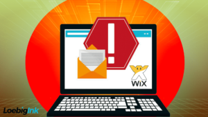 graphic of a laptop computer with letter and envelope and "stop" images next to a Wix logo
