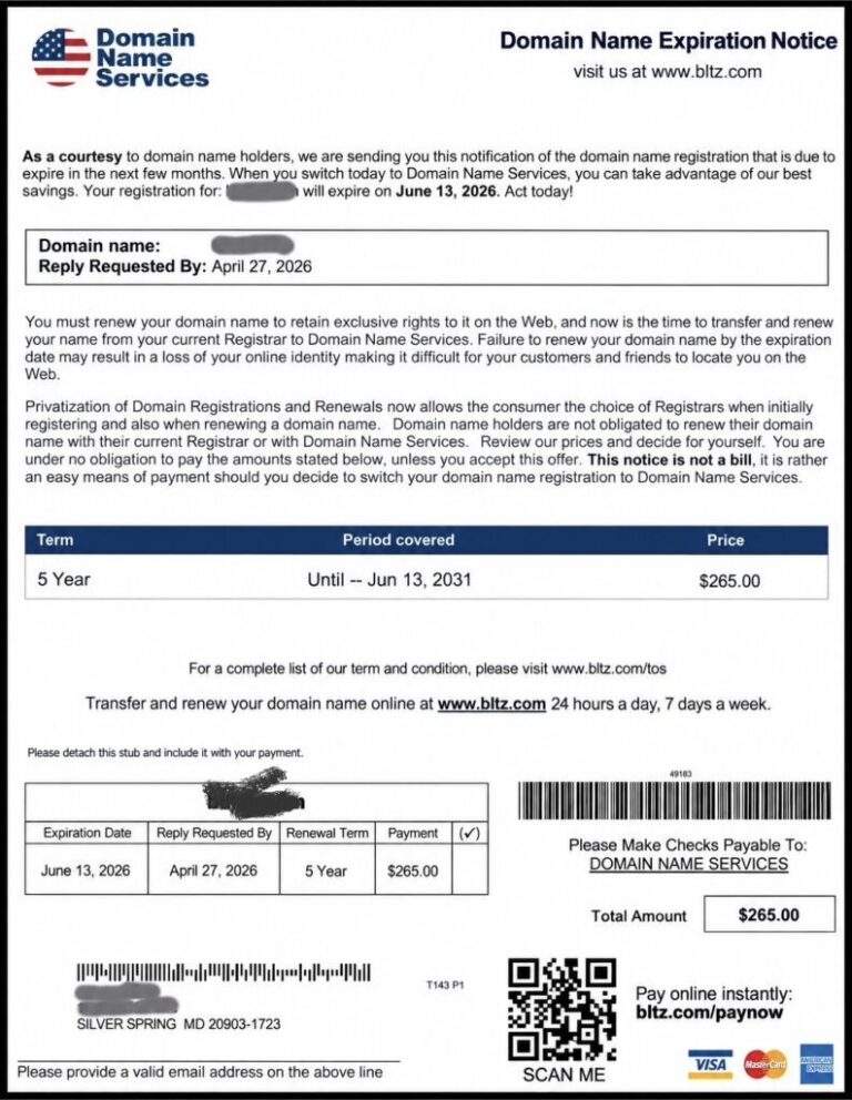 Domain Name Expiration Notice from Domain Name Services
