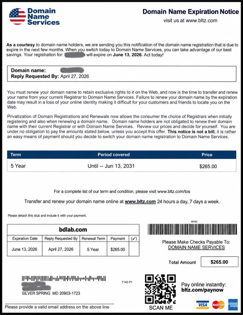Domain Name Expiration Notice from Domain Name Services